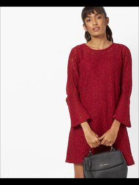 Lace-Textured Long Sleeve Mini Dress in Deep Berry